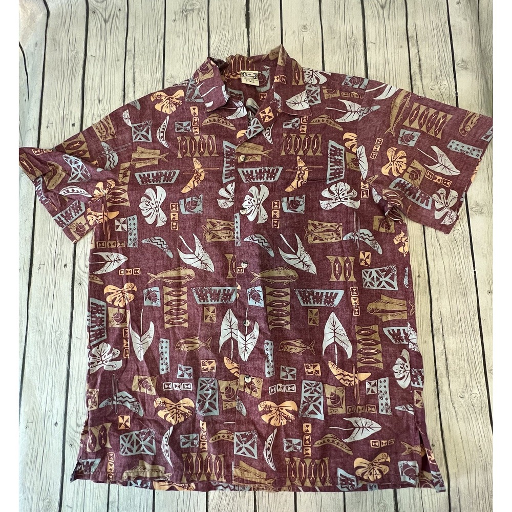 Go Barefoot Hawaiian Tradition Full Button Up Shirt L Tall Red burgundy Beachy